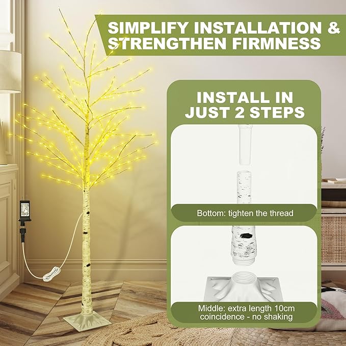 6FT Lighted Twig Birch Tree with Fairy Lights, 260 LED Birch Tree Lights with Timer for Indoor Outdoor Home Bedroom Party Christmas Decoration, Plug in, 2Pack