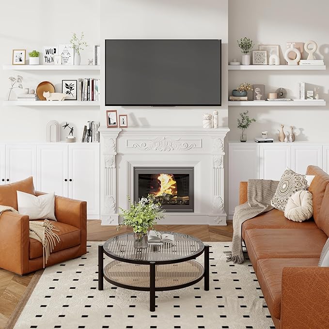 Heimlove 48 Inch Floating Shelves for Wall 8 Inch Deep White Shelves Set of 2,Wall Mounted Rustic Wood Long Floating Shelf，Large Display & Storage Shelf with Invisible Brackets