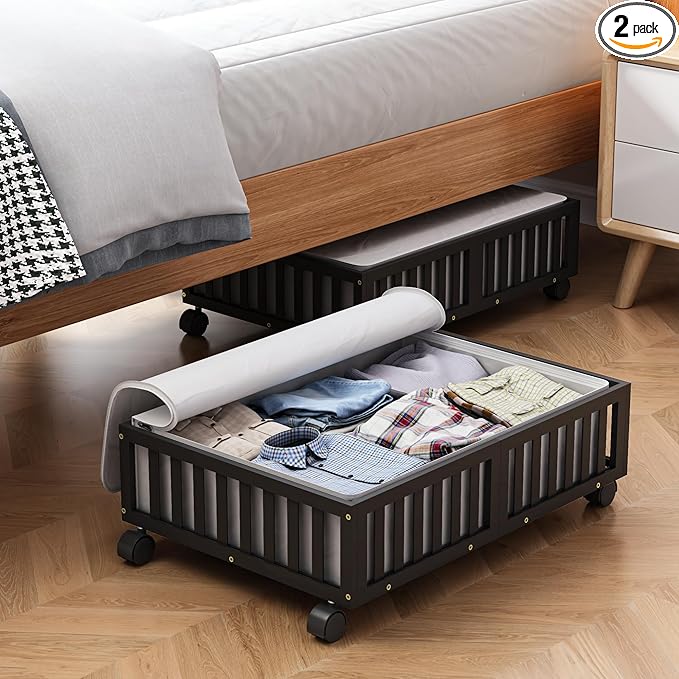 Bamboo Under Bed Storage Containers with Wheels, 2 Pack Under the Bed Shoe Storage Bins, Wood Rolling Underbed Drawers Organizer for Bedroom, Closet, Clothes Blanket Comforter and Under Crib Toy Black