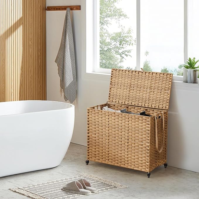 Laundry Hamper with Wheels, 52.8 Gallon(200L) Rolling Laundry Basket with Lid, Removable Large 3 Color Liners & 3 Mesh Laundry Bags, Clothes Hamper with Side Pocket, Natural