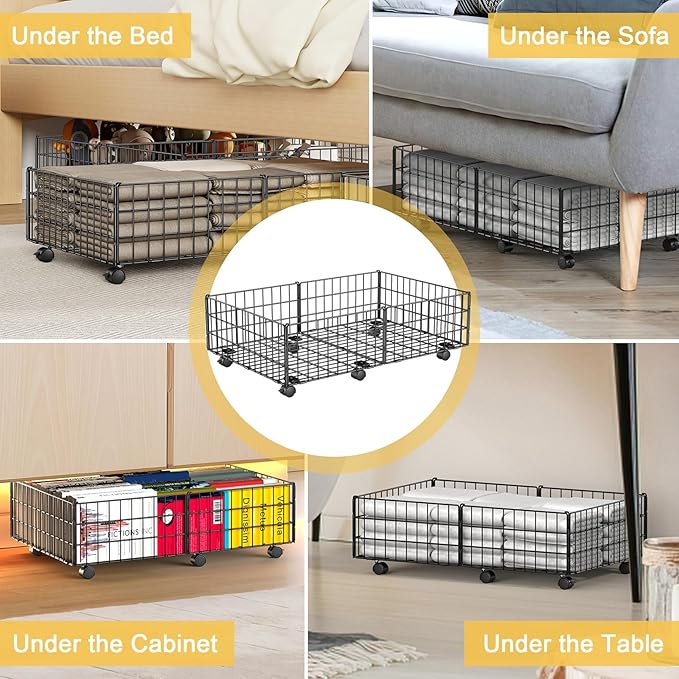Mr IRONSTONE Under Bed Storage Containers with 6 Wheels | Upgraded Heavy-Duty Metal Frame Holds Up to 80LBS | Space-Saving Rolling Underbed Storage Organizer for Shoes, Clothes & Seasonal Items