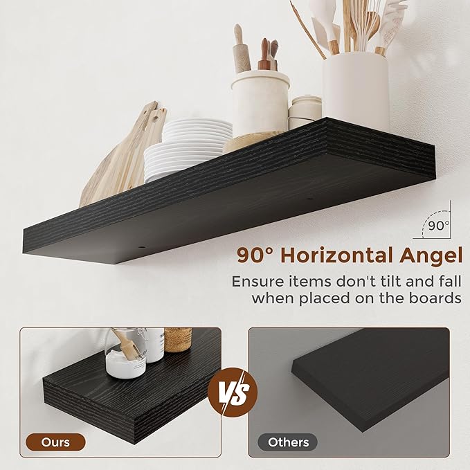 Heimlove 36 Inch Floating Shelves for Wall 8 Inch Deep Black Shelves Set of 2,Wall Mounted Rustic Wood Long Floating Shelf with Invisible Brackets for Bedroom Kitchen Living Room