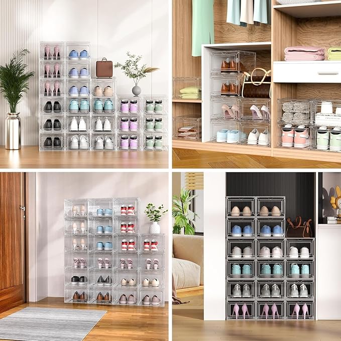 10 Pack Extra XX Large Hard Plastic Clear Stackable Shoe Storage Box Organizer for Closet, Thicken Sturdy Sneaker Shoe Rack Display Case Containers Bins with Lids and Magnetic Door, Clear