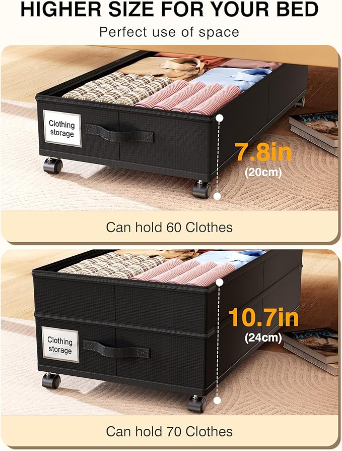 Under Bed Storage with Wheels,2Pack Underbed Shoe Storage Organizer,7.5-10.6 inchTall Adjustable Storage for Underbed with Lids,65L Extra large capacity for Clothes, Blankets,Shoes