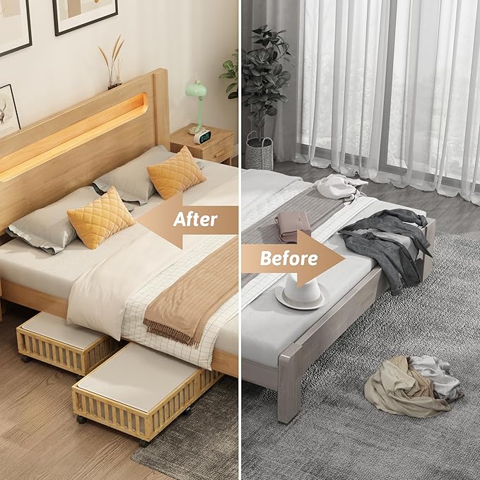 Bamboo Under Bed Storage Containers with Wheels, 2 Pack Large Under the Bed Shoe Storage Bins, Wood Rolling Underbed Drawers Organizer for Bedroom Closet Clothes Blanket Under Crib Toy Nature