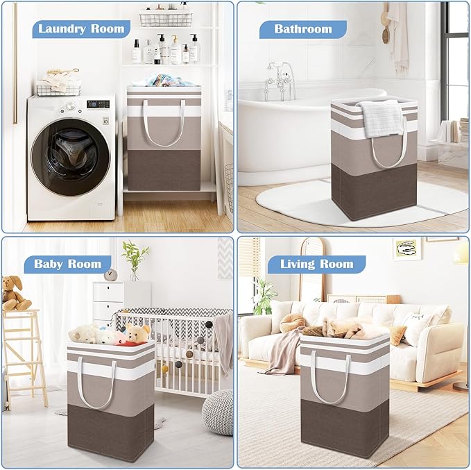 BlissTotes 3-Pack Laundry Basket, Freestanding＆Waterproof Laundry Hamper, Collapsible Tall Clothes Hamper with Easy Carry Handles for Clothes, Towels in the Family and Dorm,Gradient Khaki,88L