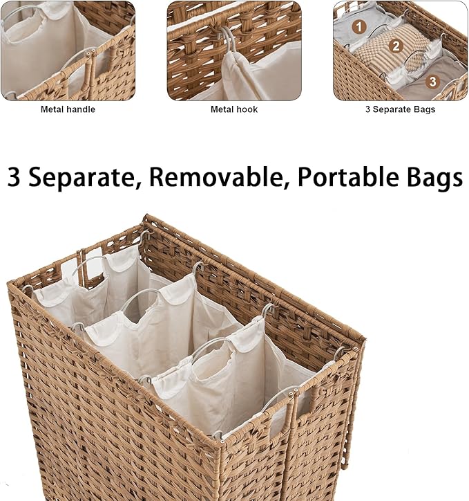 Laundry Hamper with Wheels&Lid, 50.2 Gallons(190L) Rolling Laundry Basket with Wheels, 3-Section Laundry Hamper, Handwoven Rattan Clothes Hamper with 6 Removable Liner& 3 Mesh Laundry Bags, Natural