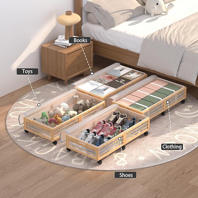Under Bed Storage Containers with Wheels, Larger Bamboo Wood Under Furniture Storage Containers with Dust Bags，Rolling for Shoes Clothes