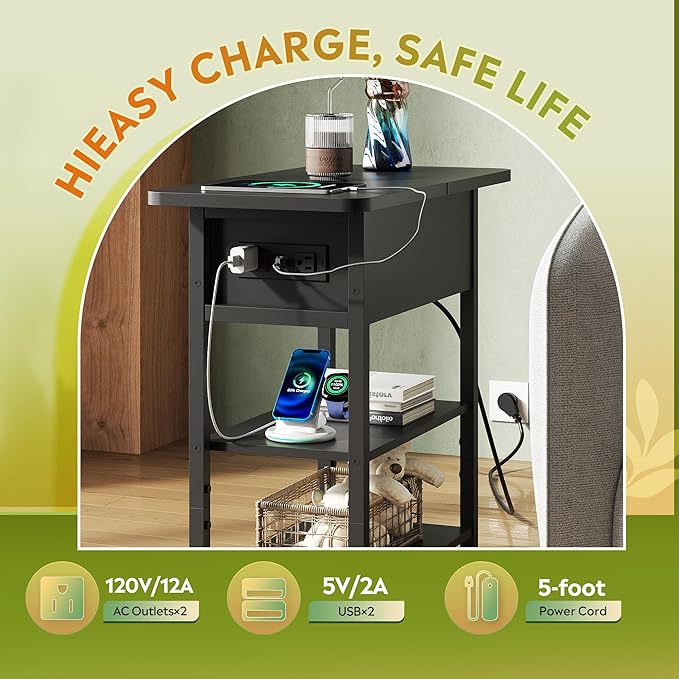 WLIVE End Table with Charging Station, Flip Top Narrow Side Table with Storage Shelf, Small Nightstand with USB Ports and Outlets,Bedside Table for Living Room, Bedroom,11.8" D x 23.6" W x 24.3" H
