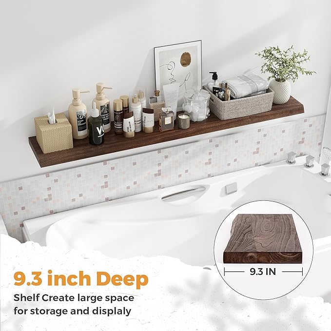 Live Edge Elm Floating Shelves For Wall - 55" W x 9.3" D Rustic Solid Long Wood Shelves with Invisible Bracket, Wall-Mounted Storage & Display Shelf for Living Room Bedroom Kitchen, Set of 2, Walnut