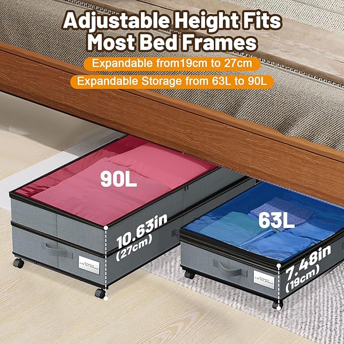 Under Bed Storage with Wheels, 2 Pack Large Capacity Storage Containers with Clear Lids & Handles, Adjustable Height 7.5”–10.6”, Under bed Organizer Bins for Shoes, Clothes, Blankets, Toys (Grey)