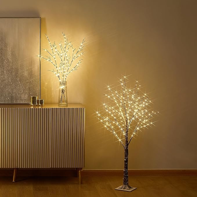 Hairui Lighted Snow Dusted Twig Tree with 200 LED Fairy Lights 4FT for Indoor Outdoor Home Thanksgiving Christmas Holiday Decoration