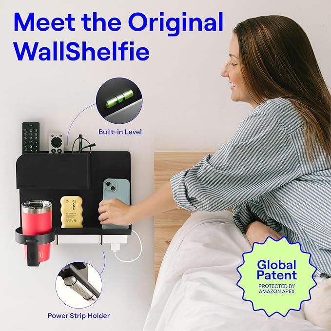 WallShelfie Bedside Wall Organizer & Bedside Shelf, Room Decor, Dorm Room Essential, Floating Bedside Shelf Wall Mount Organizer, Remote Control Holder, RV Accessories, Floating Shelves (Black)