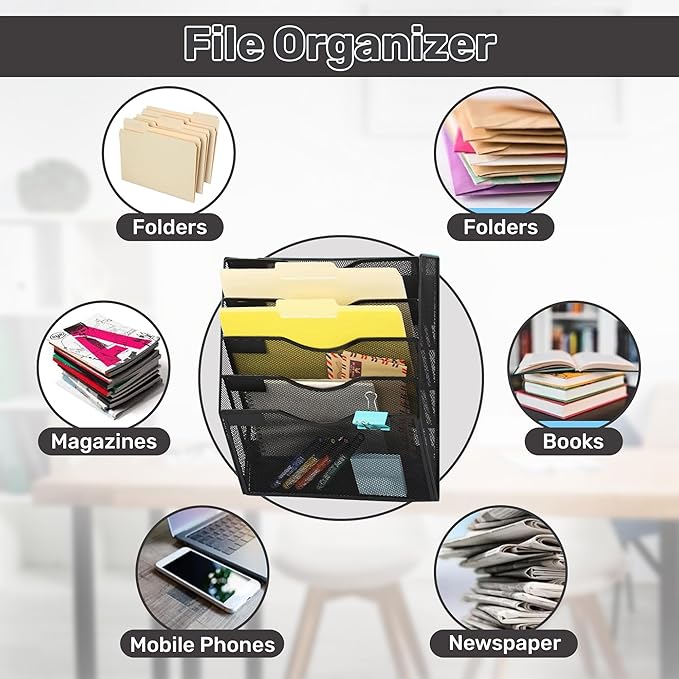 ZYLEN Wall File Holder – Sleek Black Metal Organizer for Documents and Folders, Home, and Classroom – Compact and Stylish Storage Solution for Papers, Folders, and Files (38 x 32 x 10 cm)