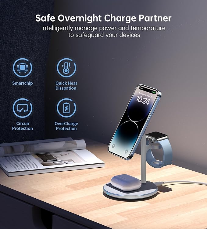 XooFly 3 in 1 Wireless Charging Station for Apple Devices, Fast Wireless Mag-Safe Charger Stand with 20W Adapter for iPhone 17/16 15 14 13 12 Pro Max/Pro/Plus/Air/Mini, iWatch, AirPods (Light Blue)