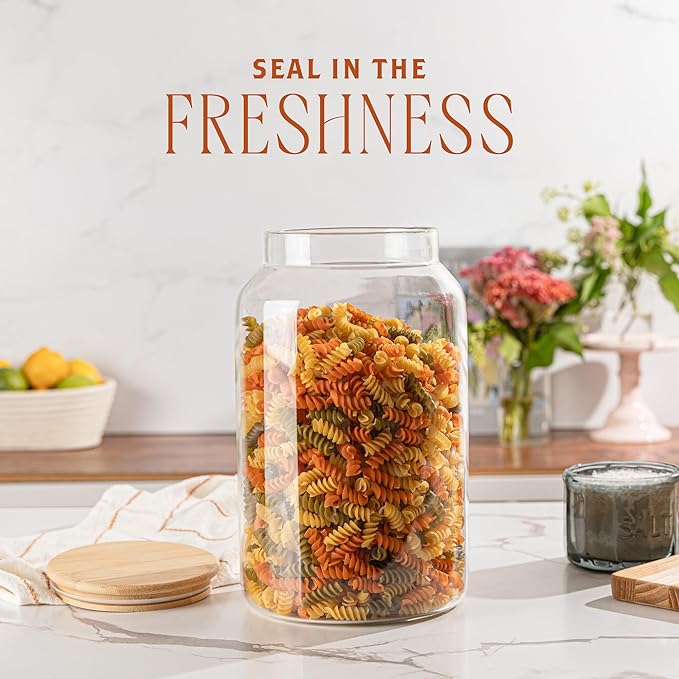1 Gallon Glass Large Jar with Airtight Bamboo Lid - Strong Clear Borosilicate Canister for Kitchen Food Storage Organizing, Terrarium, Pantry Decorative Container & Laundry Room - Pack of 1