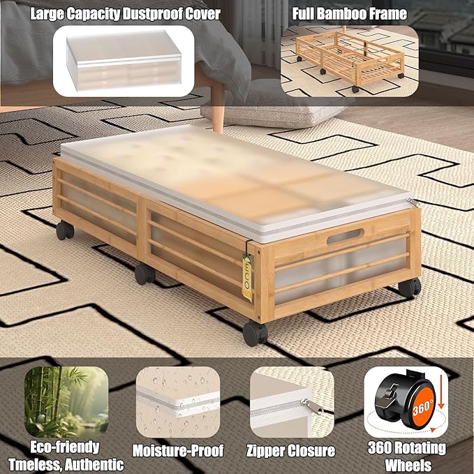 Under Bed Storage Containers with Wheels, Larger Bamboo Wood Under Furniture Storage Containers with Dust Bags，Rolling for Shoes Clothes