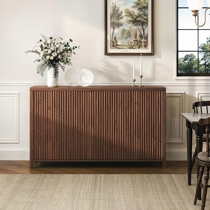 YOUDENOVA Fluted Buffet Cabinet with Storage Set of 2, Modern Sideboard Cabinets with 4 Doors & Adjustable Shelves, Accent Credenza Storage Cabinet, Wood Entryway Cabinet for Living Room, Brown