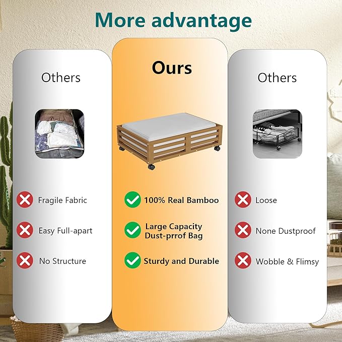 Wisuce Bamboo Under Bed Storage Containers- Underbed Organizer with Wheels with Large Dust Bag,Sturdy Wood Rolling Under the Bed Shoe Storage Organizer Drawer 2 Packs (Walnut, Small)