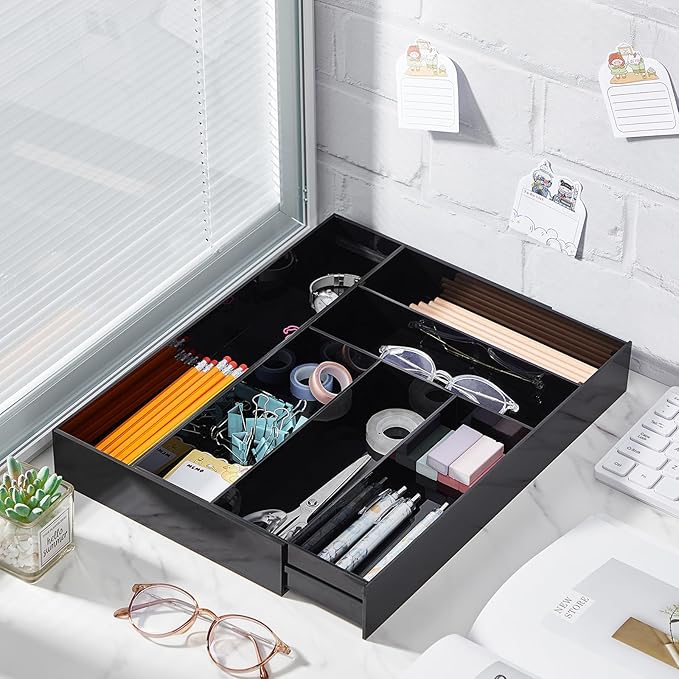 1 Pcs Acrylic Drawer Organizer 9'' up to 18'' x 15'' x 2'' Expandable Drawer Organizer Pens Notebook Ruler Makeup Tray with 7 Adjustable Compartments for Desk Office Kitchen Bathroom(Black)