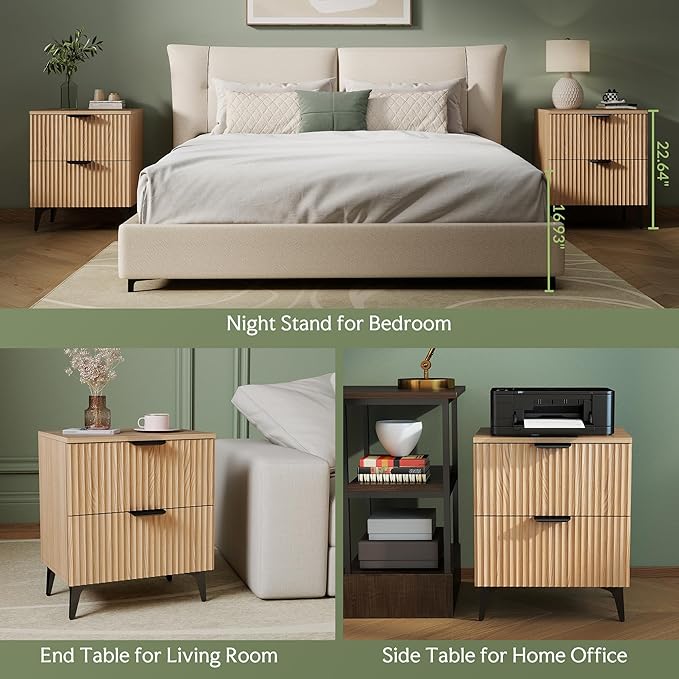 Wood Night Stand Set 2 Fluted Dresser for Bedroom 2 Drawers End Tables Nightstands Set of 2, Storage Modern Bedside Table Set of 2, Oak Nightstand