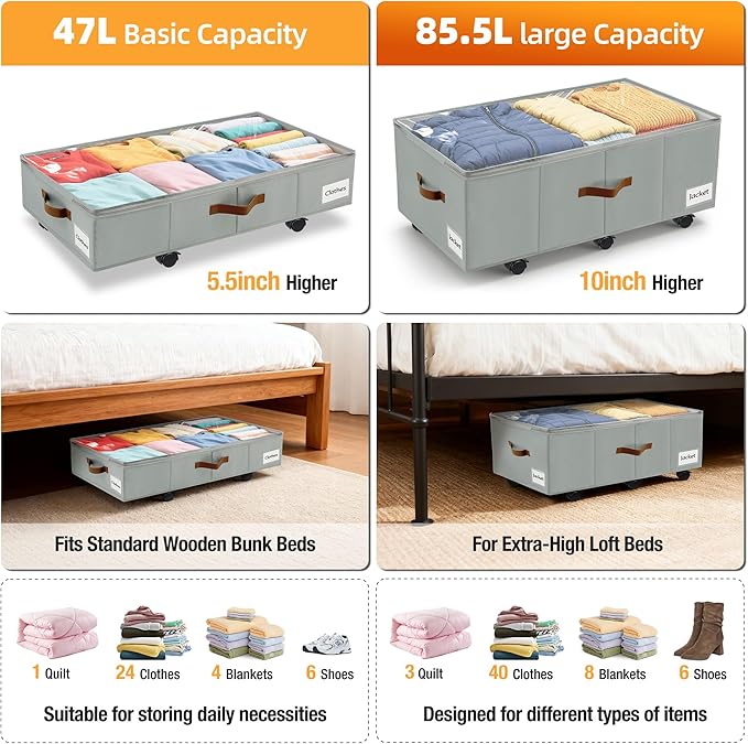 11 inch Under Bed Storage with Wheels, 2-Pack Underbed Storage Containers for College Dorms Bedrooms Organization, Foldable Under Bed Drawers for Comforters, Blankets, Clothes & Shoes, Grey
