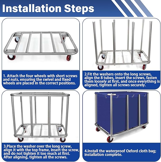 Commercial Laundry Cart with Wheels, 400L Capacity Heavy Duty Large Laundry Basket with Watertight Oxford Bag and Sturdy Steel Frame for Home, Hotel,Hospital,440 lbs(Blue)