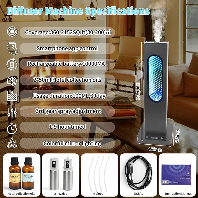 Waterless Scent Diffuser with APP WiFi Control, Portable Rechargeable Wireless Essential Oil Diffuser, Aroma Coverage 2152 Sq.Ft,2 * 50ML Hotel Collection Oils,Colorful Light for Home Largeroom