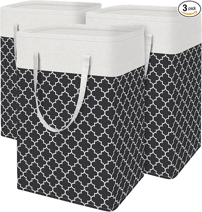 BlissTotes 3-Pack Laundry Basket, Freestanding＆Waterproof Laundry Hamper, Collapsible Tall Clothes Hamper with Easy Carry Handles for Clothes, Towels in the Family and Dorm,Clover Black,88L