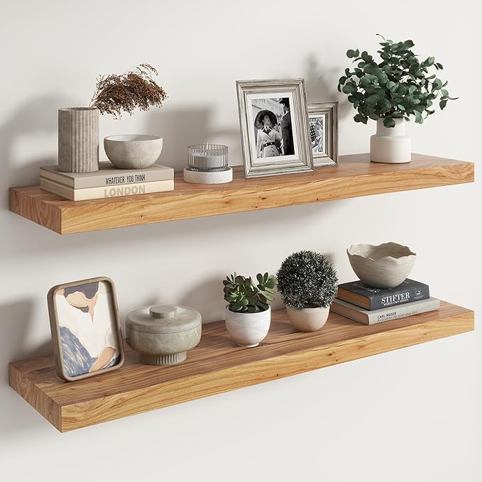 RICHFOCUS Elm Floating Shelves for Wall - 40" W x 9.3" D Rustic Solid Wood Shelves with Invisible Bracket, Wall-Mounted for Living Room, Bedroom, Kitchen Storage & Display, Set of 2, Natural