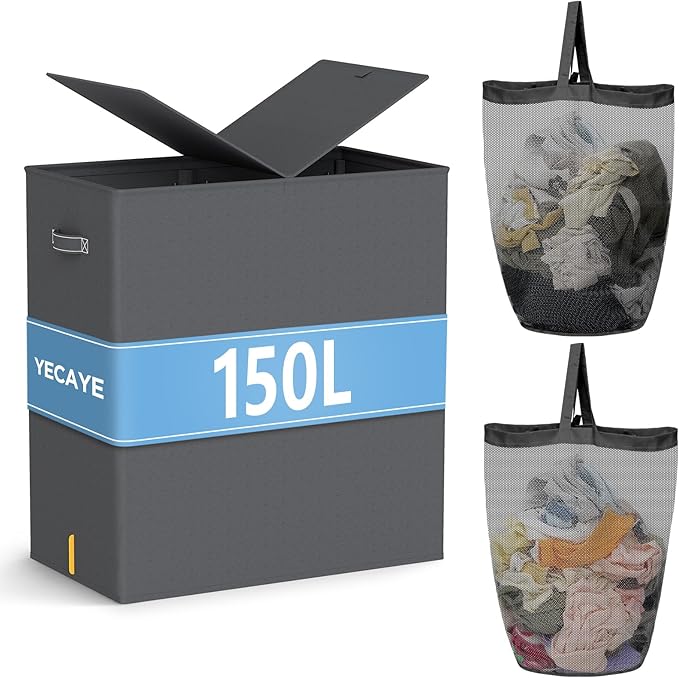 YECAYE 150L Extra Large Laundry Hamper with Lid – Foldable Double Laundry Hamper with Removable Liner – 2 Section Clothes Basket, Dirty Clothes Basket for Bedroom, Bathroom, Laundry Room,Grey