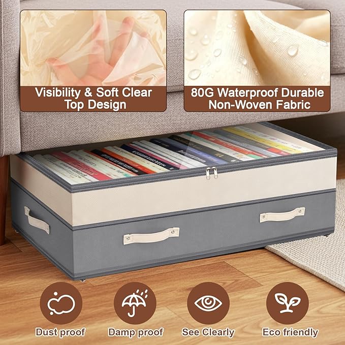 Dolicer 2 Pack Under Bed Storage with Wheels, 6in-10in Height Adjustable Underbed Storage Containers, 92L XXXL Under Bed Drawers Rolling Bin with Clear Lids for Dorm Shoes Clothes Organizers(Grey)