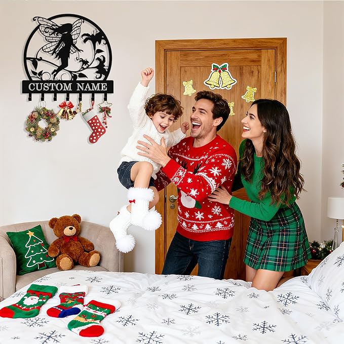 Personalized Fairy Key Holder Wall Mount, Custom Metal Key Rack Key Holder with Name, Deer Cabin Wall Keys Hanger with Hooks for Entryway, Front Door, Hallway, Kitchen, Living Room