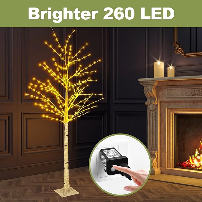6FT Lighted Twig Birch Tree with Fairy Lights, 260 LED Birch Tree Lights with Timer for Indoor Outdoor Home Bedroom Party Christmas Decoration, Plug in, 2Pack