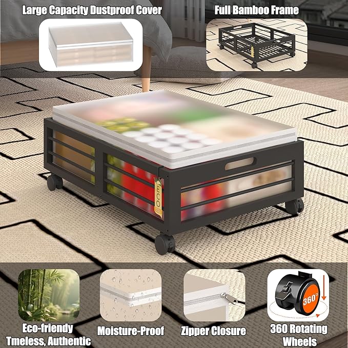 Under Bed Storage Containers with Wheels, Larger Bamboo Wood Under Furniture Storage Containers with Dust Bags，Rolling for Shoes Clothes