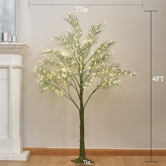 Hairui Lighted Palm Tree 4FT 240 LED Fairy Lights, Faux Plant Tree with Lights for Inside Outside Home Holiday Summer Decoration