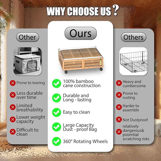 Under Bed Storage Containers with Wheels, Larger Bamboo Wood Under Furniture Storage Containers with Dust Bags，Rolling for Shoes Clothes