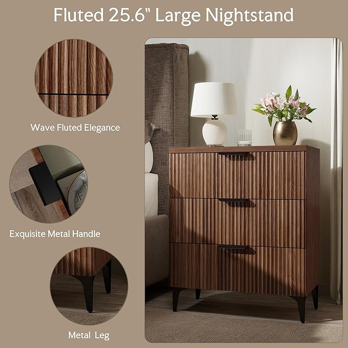 Wood Night Stand Set Fluted Dresser for Bedroom 3 Drawers End Tables Nightstand, Storage Modern Side Table Natural Walnut Bedside Table