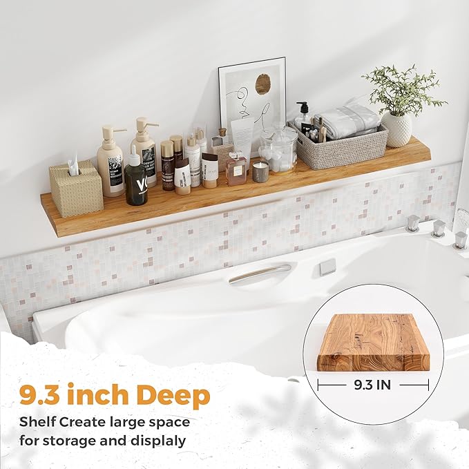 Live Edge Elm Floating Shelves For Wall - 55" W x 9.3" D Rustic Solid long Wood Shelves with Invisible Bracket, Wall-Mounted Storage & Display Shelf for Living Room Bedroom Kitchen, Set of 2, Natural