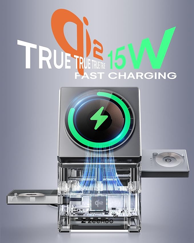 ZEEHOO 3 in 1 Charging Station for Apple, iPhone Mag-Safe Charger, Qi2 Certified, Rotating Wireless Charger Stand for iPhone 17,16,15,14,13,12 Series, Apple Watch, AirPods (USB-C Charger Included)