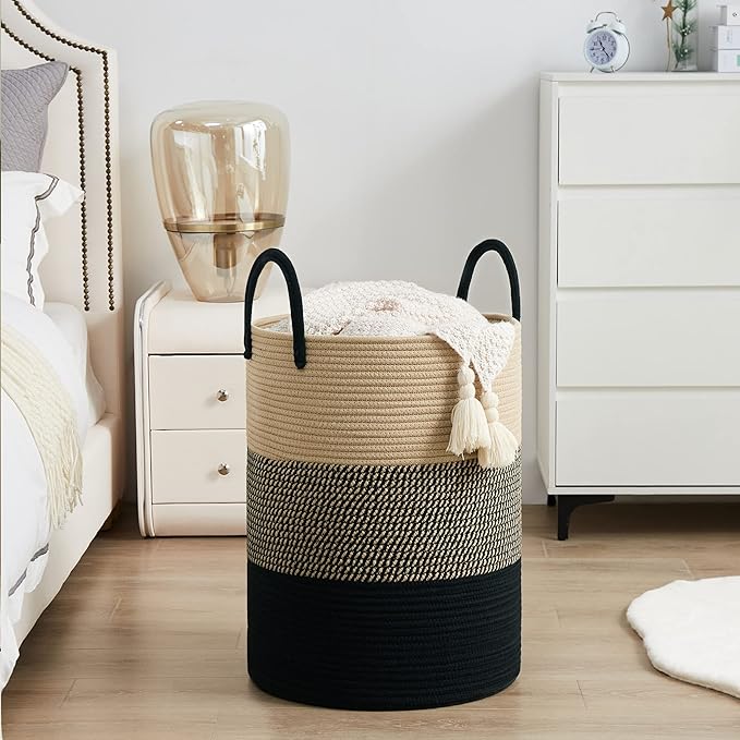 YOUDENOVA Woven Rope Laundry Hamper Basket, 100L Tall Laundry Basket, Baby Nursery Hamper for Blanket Storage, Clothes Hamper for Laundry in Bedroom-Extra Large-Black Brown