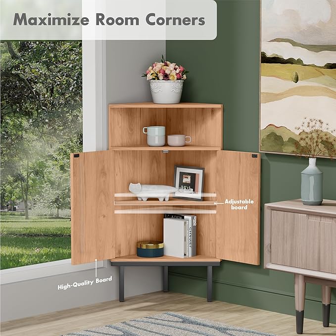 Yechen 39.7" Corner Storage Cabinet with Adjustable Shelf and Rattan Doors, Small Boho Corner Shelf Stand with Open Storage, Freestanding Cabinet for Bathroom, Living Room/Metal Legs/Light Brown