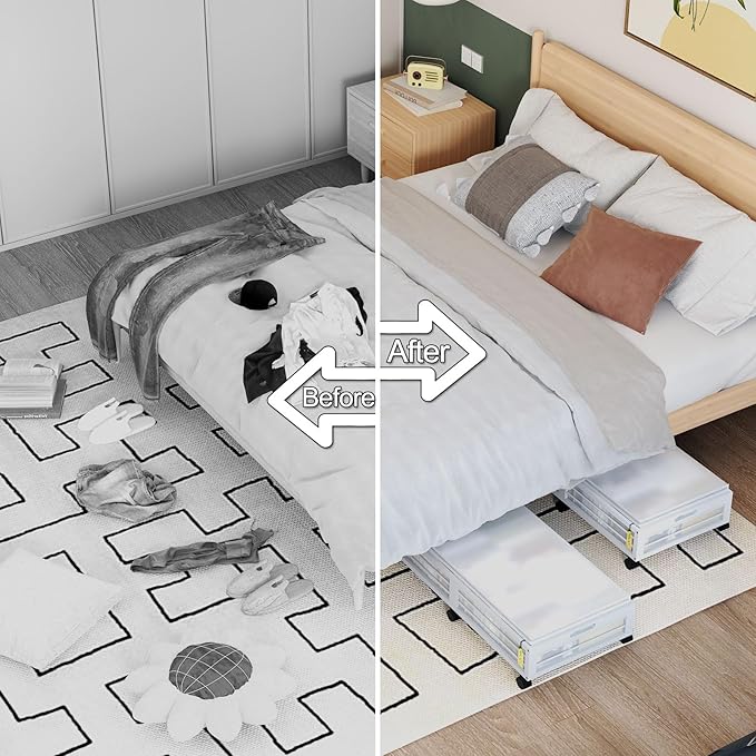 Under Bed Storage Containers with Wheels, Larger Bamboo Wood Under Furniture Storage Containers with Dust Bags，Rolling for Shoes Clothes