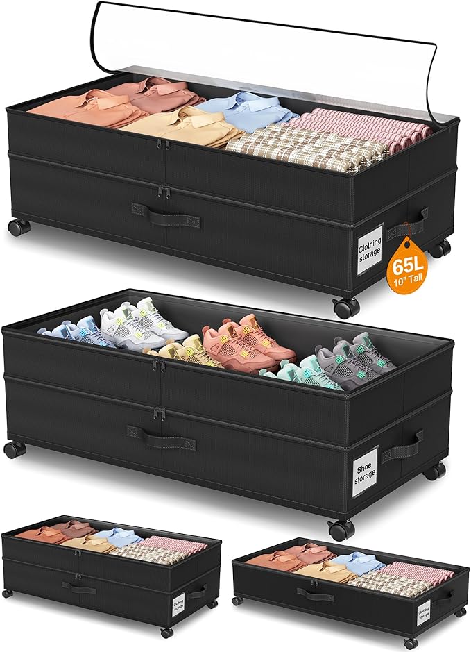 Under Bed Storage with Wheels,2Pack Underbed Shoe Storage Organizer,7.5-10.6 inchTall Adjustable Storage for Underbed with Lids,65L Extra large capacity for Clothes, Blankets,Shoes