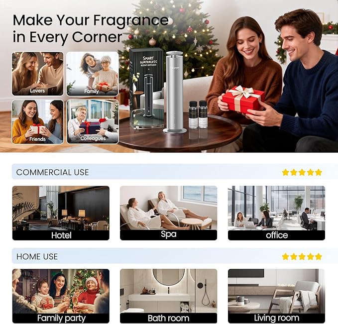 Waterless Scent Diffuser Kit-Include 2x120ml Essential Oils, Essential Oil Diffuser for Home, Hotel & Office, APP&Remote Control, Quiet Operation, Pets and Kids Friendly, Coverage 1000 Sq Ft