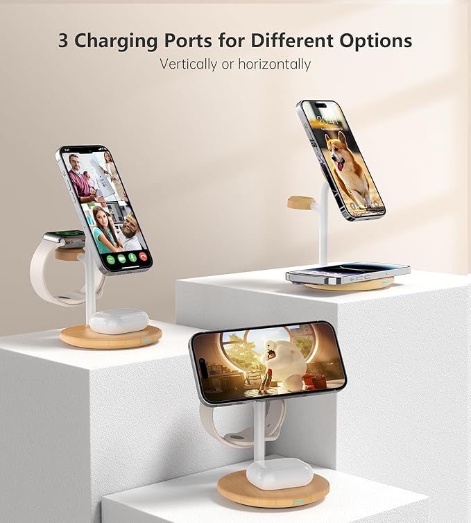 XooFly 3 in 1 Wireless Charging Station for Apple Devices,Fast Wireless Mag-Safe Charger Stand with 20W Adapter for iPhone 17 16 15 14 13 12 Pro Max/Pro/Plus/Air/Mini,iWatch,AirPods,Yellow Woodgrain