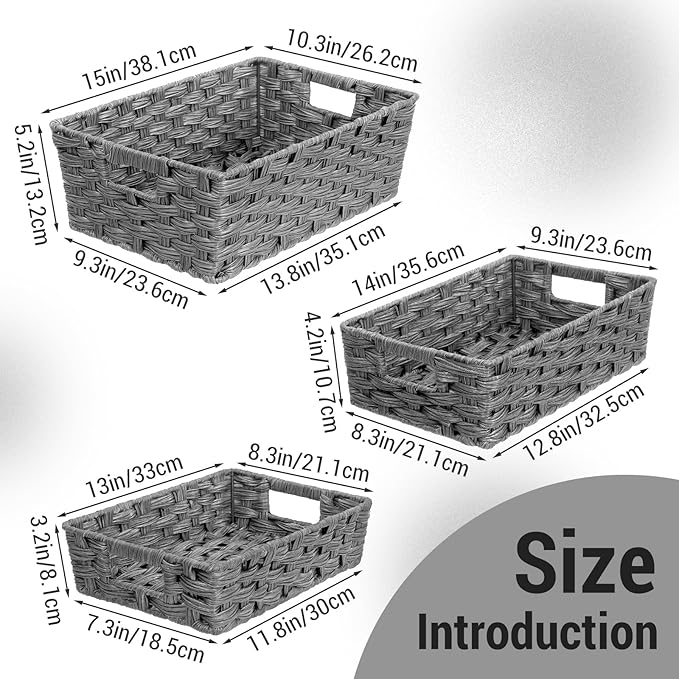 Set of 3 Large Wicker Storage Baskets for Shelves, Wicker Basket for Organizing, Waterproof Woven Baskets for Shelves and Pantry, Toilet, Bathroom, Bedroom, Patio(Gray)