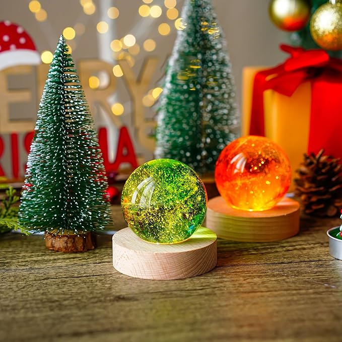 ZEERSHEE 2Pcs Led Wood Display Stand for 3D Crystal Glass 2.7in Resin Art Light Wooden Lamp Base for Crystals LED Round Display Pedestal