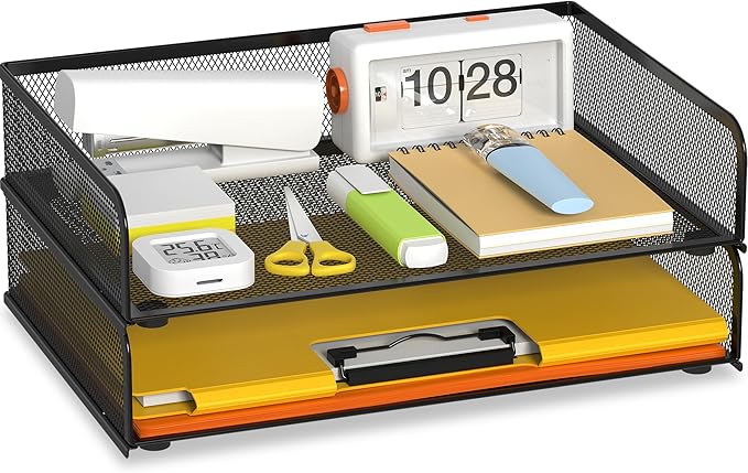 YINGHUA 2-Pack Metal Mesh Stackable Paper Letter Trays Organizer for Classroom,Office Desk File Sorter Holder Organizer Storage Box for Letter/A4 Size Folder Documents-Black