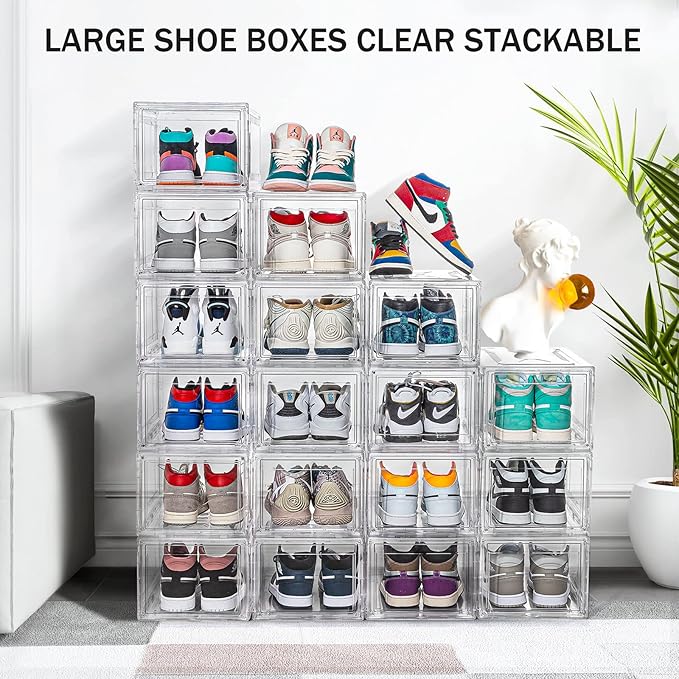 10 Pack Large Shoe Boxes Clear Stackable, Space Saving Acrylic Shoe Boxes Shoe Organizers Foldable Shoe Container Boxes that Fits Up to Size 14 Shoes